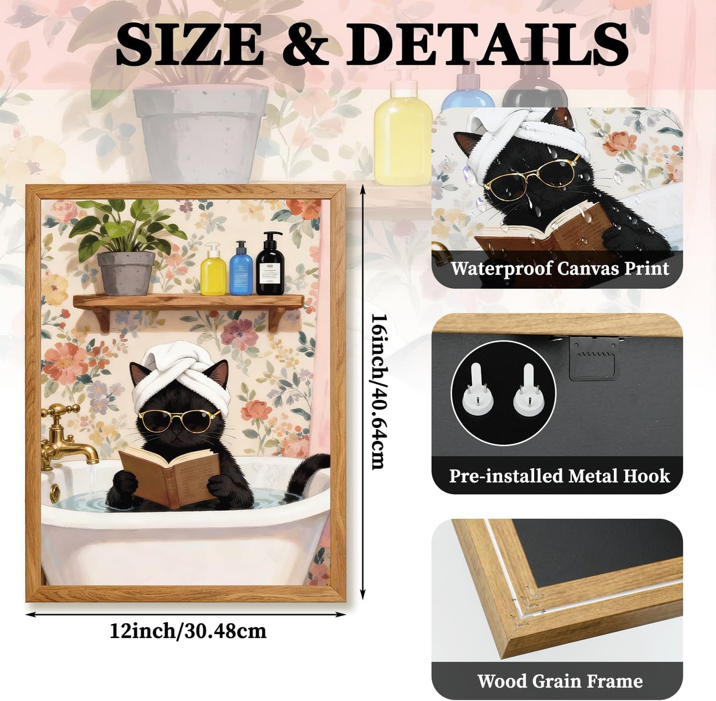Framed Funny Cat Wall Art, 12" x 16" Canvas Tub Black Cat Reading Books Bathroom Wall Art, Vintage Aesthetic Lover Animal Prints for Room Bedroom Bathroom Living Room Home Office