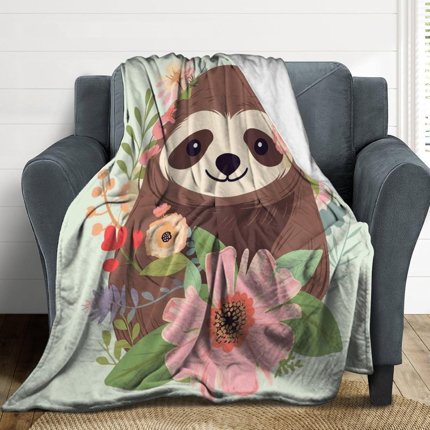 Sloth and Flowers Blanket Super Soft Lightweight Throw Blanket Cute Cozy Warm Bed Blanket Decorative Fuzzy Blanket All-Season Home Decor Gift for Sofa Couch Living Room 60"*80"（150 * 200cm）