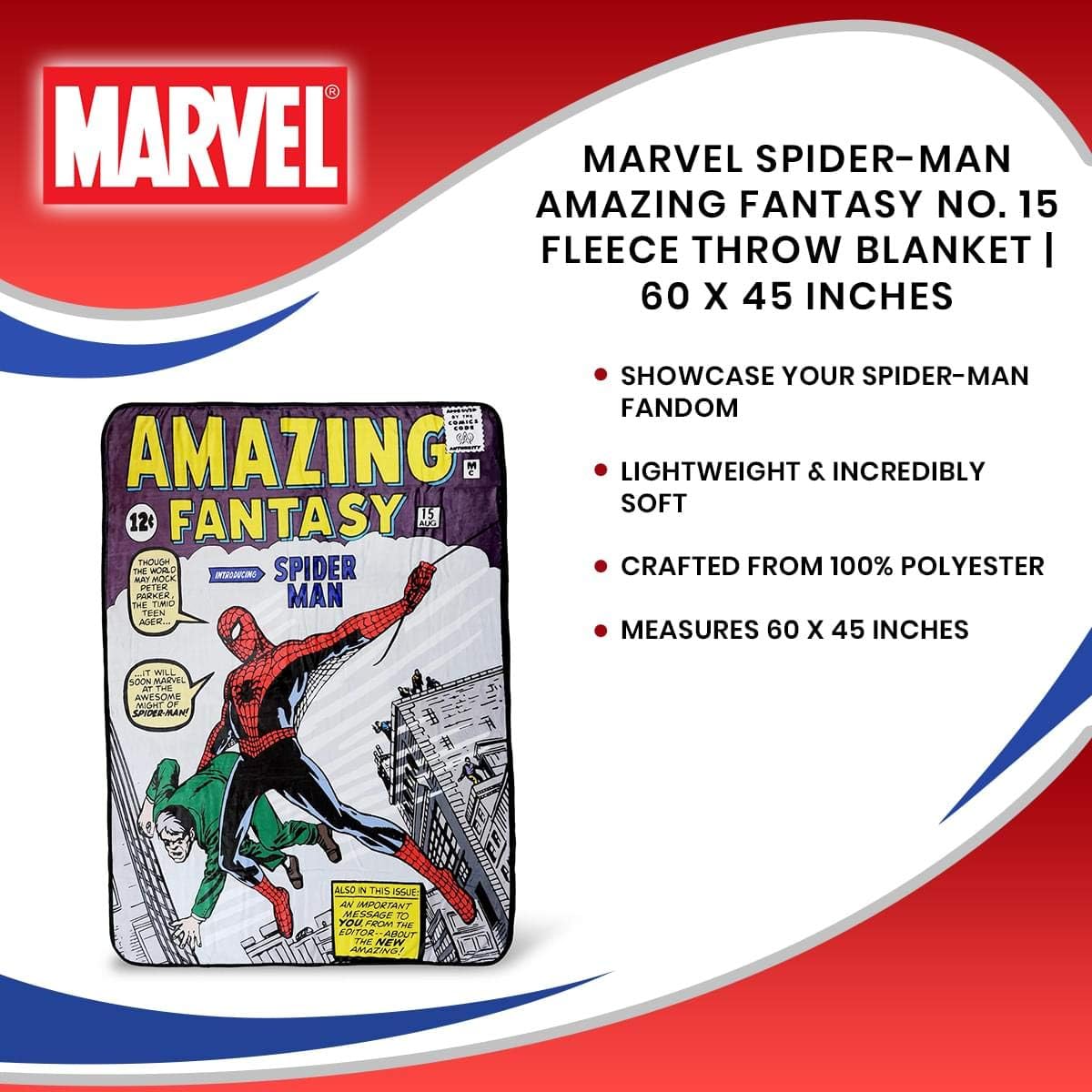 Spider-Man Marvel Amazing Fantasy No. 15 Fleece Throw Blanket | Official Marvel Collectible Blanket | Measures 60 x 45 Inches