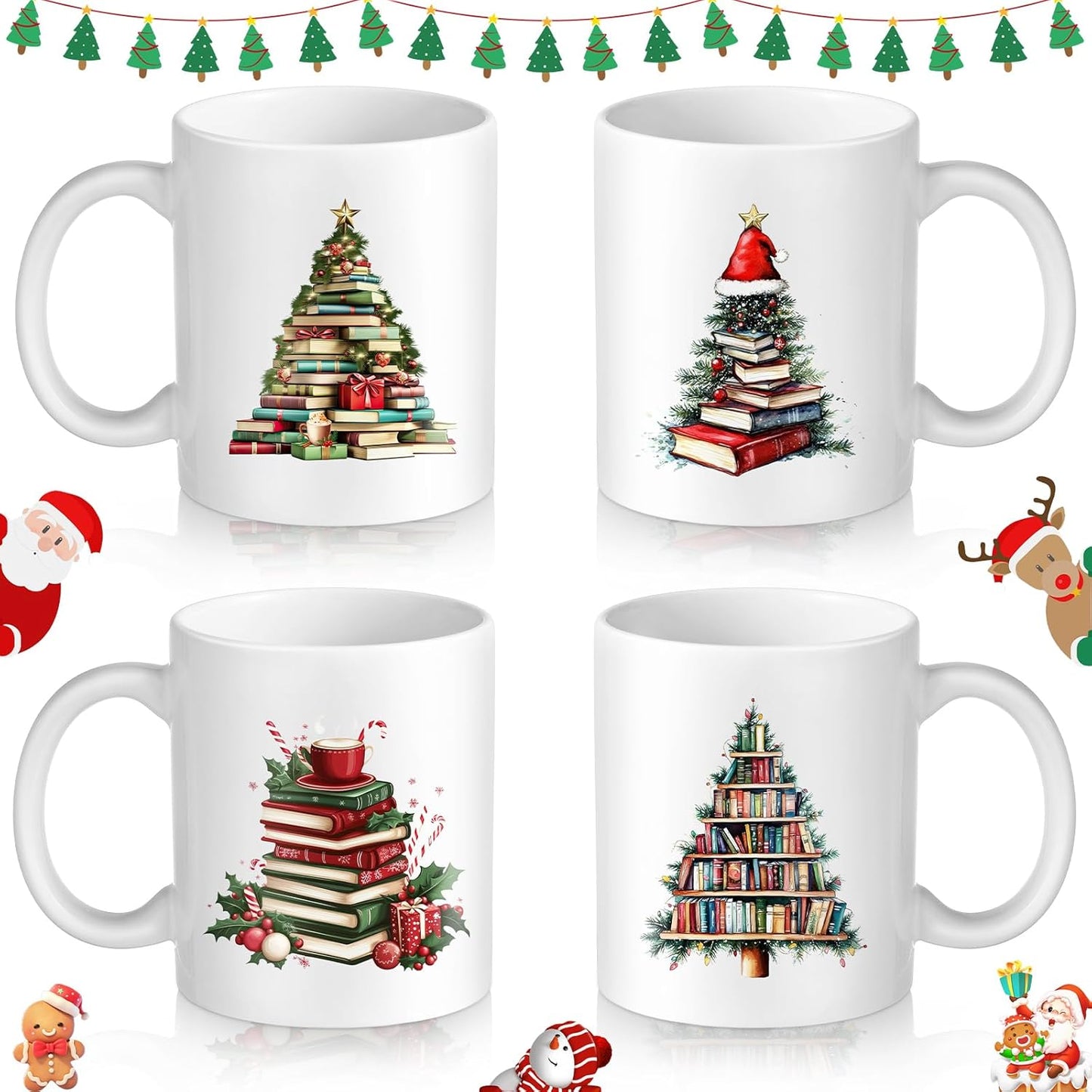 4 Pack Stack of Books Coffee Mug Book Tree 12 oz Christmas Ceramic Coffee Mugs Porcelain Bookworm Cups Bookish Book Lovers Gifts for Women Men Readers Writer Librarian Gifts