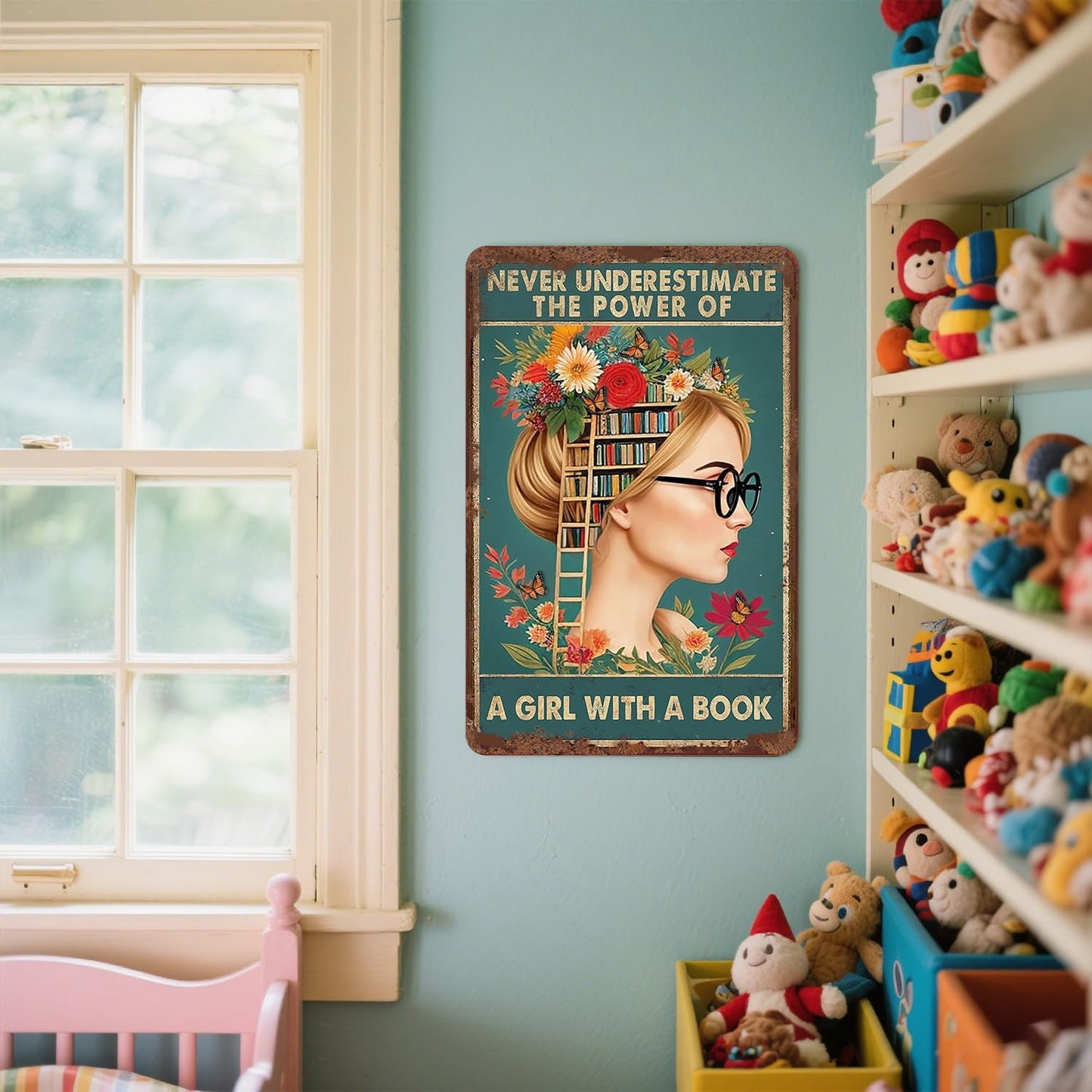 Inspirational Poster Metal Tin Sign Never Underestimate the Power of a Girl With a Book Bedroom Classroom Girl Room Decor Teacher Book Lovers Gift 5.5x8 inch