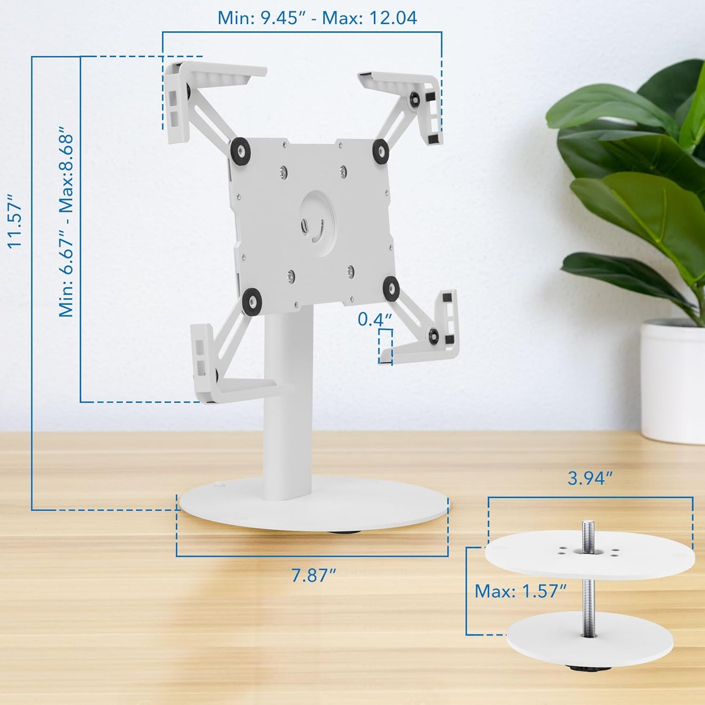 Mount-It! Universal Tablet Stand with Tilt, Anti-Theft Retail iPad POS Kiosk Stand, Fits 9.7"–13.1" Tablets, 90° Rotation & 180° Tilt, 20 lb Capacity, Steel Countertop Mount, White