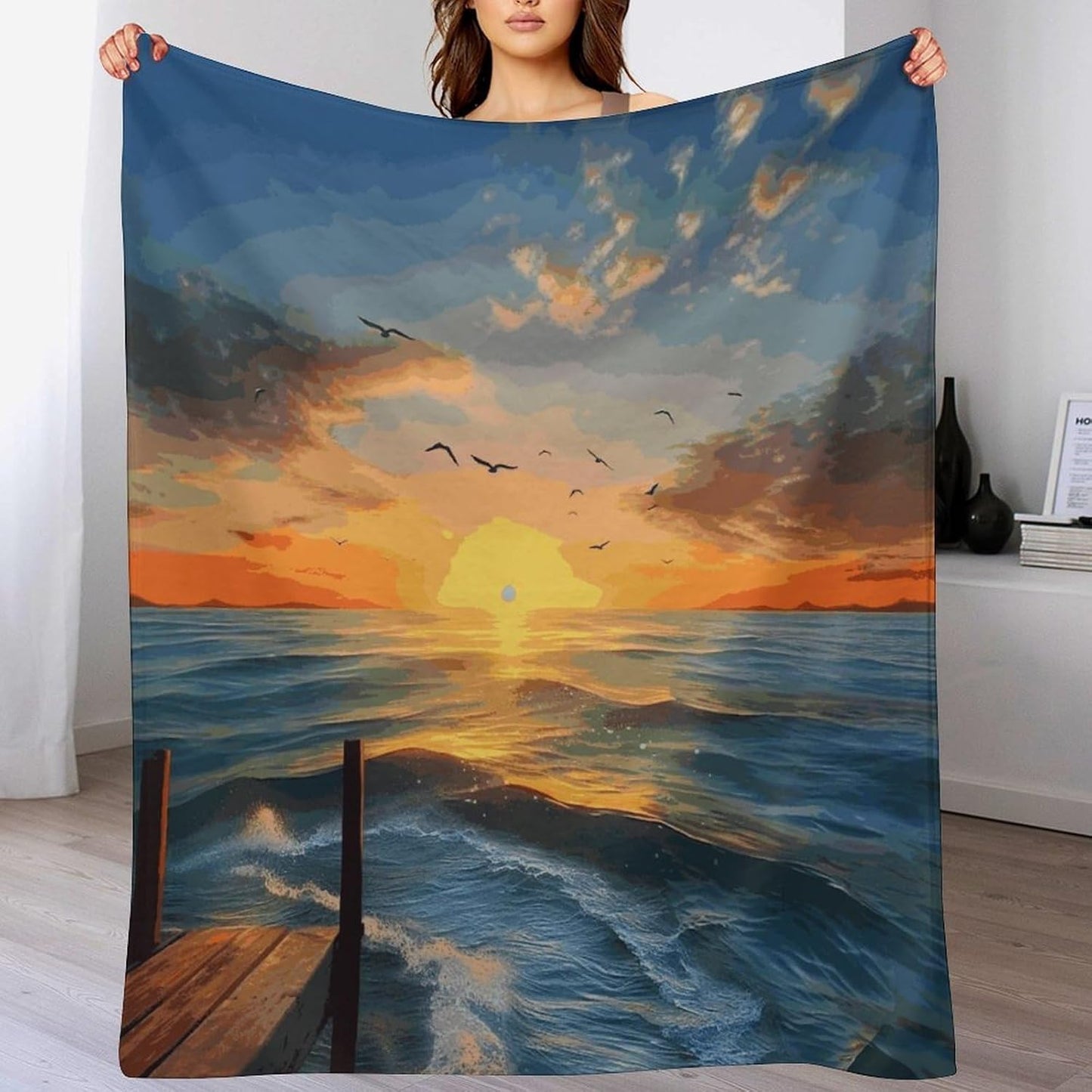 Sunset Sea Blanket Super Soft Lightweight Throw Blanket Cute Cozy Warm Bed Blanket Decorative Fuzzy Blanket All-Season Home Decor Gift for Sofa Couch Living Room 30"*40"（76 * 100cm）