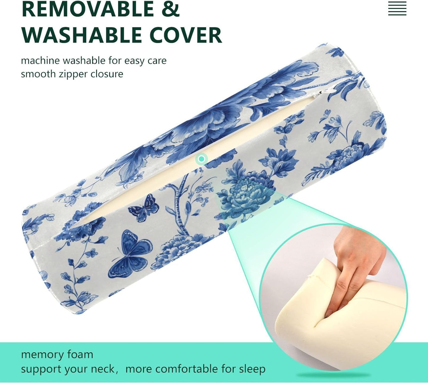 Blue and White Peony Flowers Butterfly Neck Roll Pillow Bolster Round Health Memory Foam Long Cervical Cylinder Pillows with Removable Washable Cover for Body Bed Legs Back Yoga