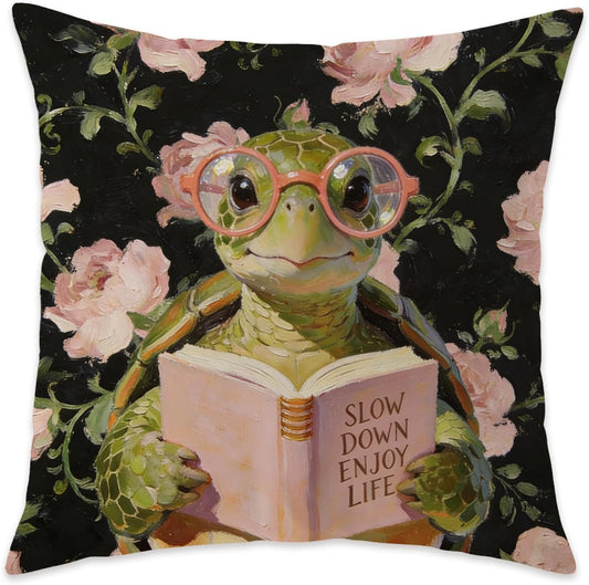 Pink Rose Inspirational Turtle Reading Pillow Cover 18x18, Gifts for Turtle Lovers, Book Lover Reader Gifts Decorative Throw Pillow Cover for Reading Nook Corner Room Library Home