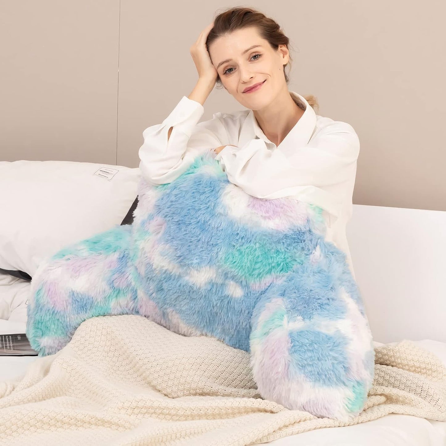 Cozy Fur Backrest Pillow with Arms, 30x17x17 Inch, Premium Filling, Great Back Support Reading Pillow for Kids, Teens & Students, Well Made Bed Pillows for Sitting Up in Bed, Nice Gift