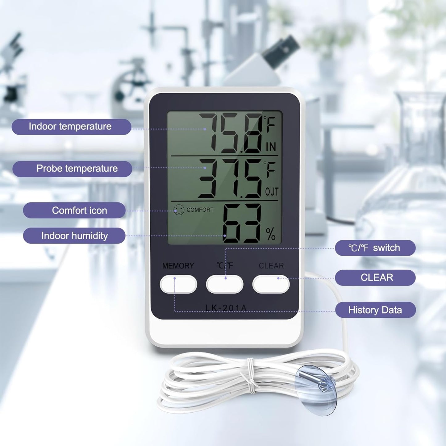 JXTZ Refrigerator Thermometer with External Sensor, LCD Display Indoor Temperature and Humidity Gauge, Fridge and Freezer Thermometer, Max/Min Temperature in 24H, for Aquarium, Refrigerator, Freezer