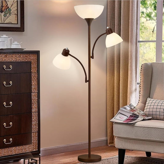 Luvkczc Floor Lamps for Living Room, 72" Tall Standing Lamp, Torchiere Lamp with 2 Reading Lamps, Industrial Bright Floor Lamp for Bedroom, Office, Dresser, Brown Lamps, 3 LED Bulbs Included