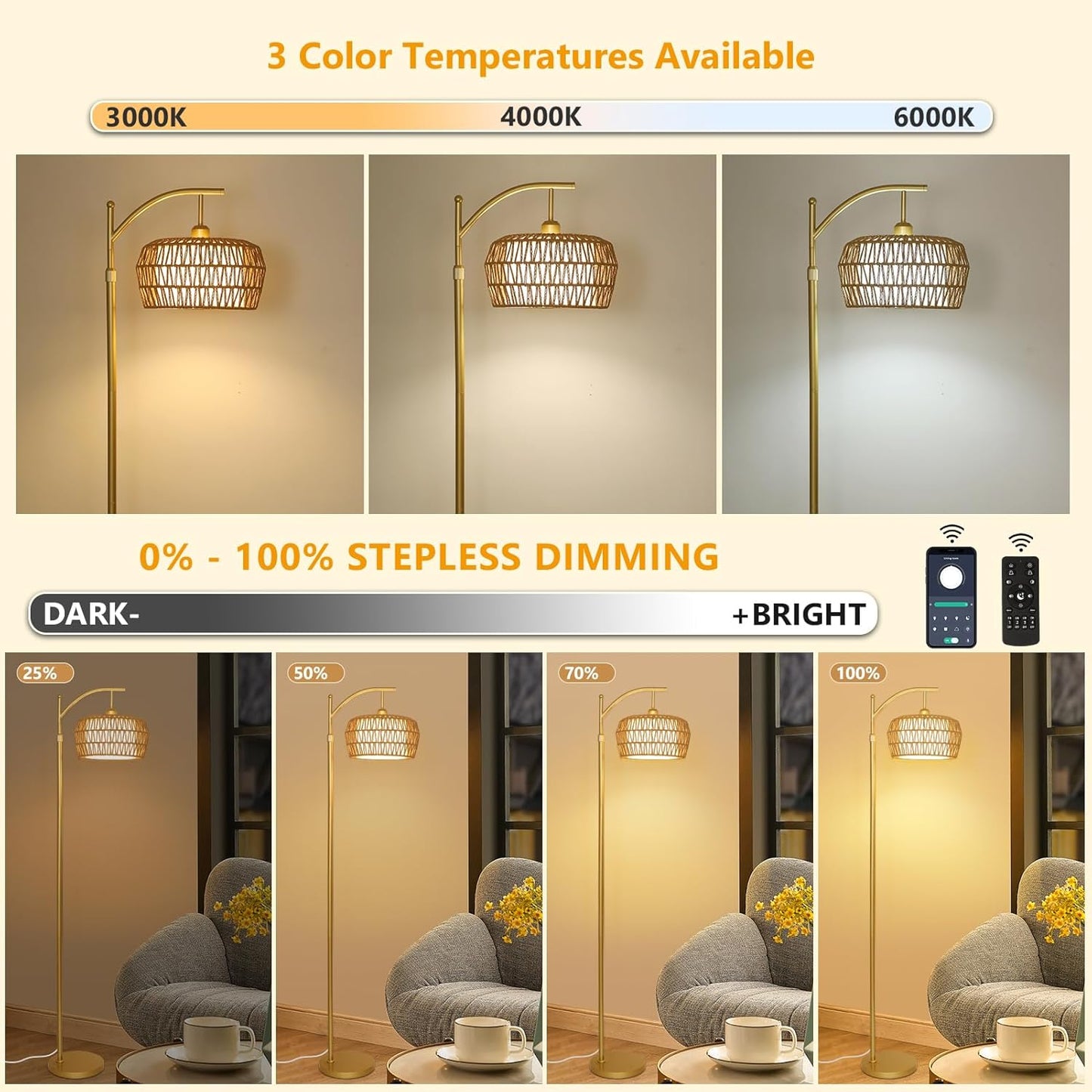 Gold Floor Lamps for Living Room, Boho Rattan Floor Lamp with Remote and Dimmable Bulb, 3 Color Temperatures, Modern Arc Standing Lamp with Wicker Shades, Farmhouse Tall Lamp for Bedroom