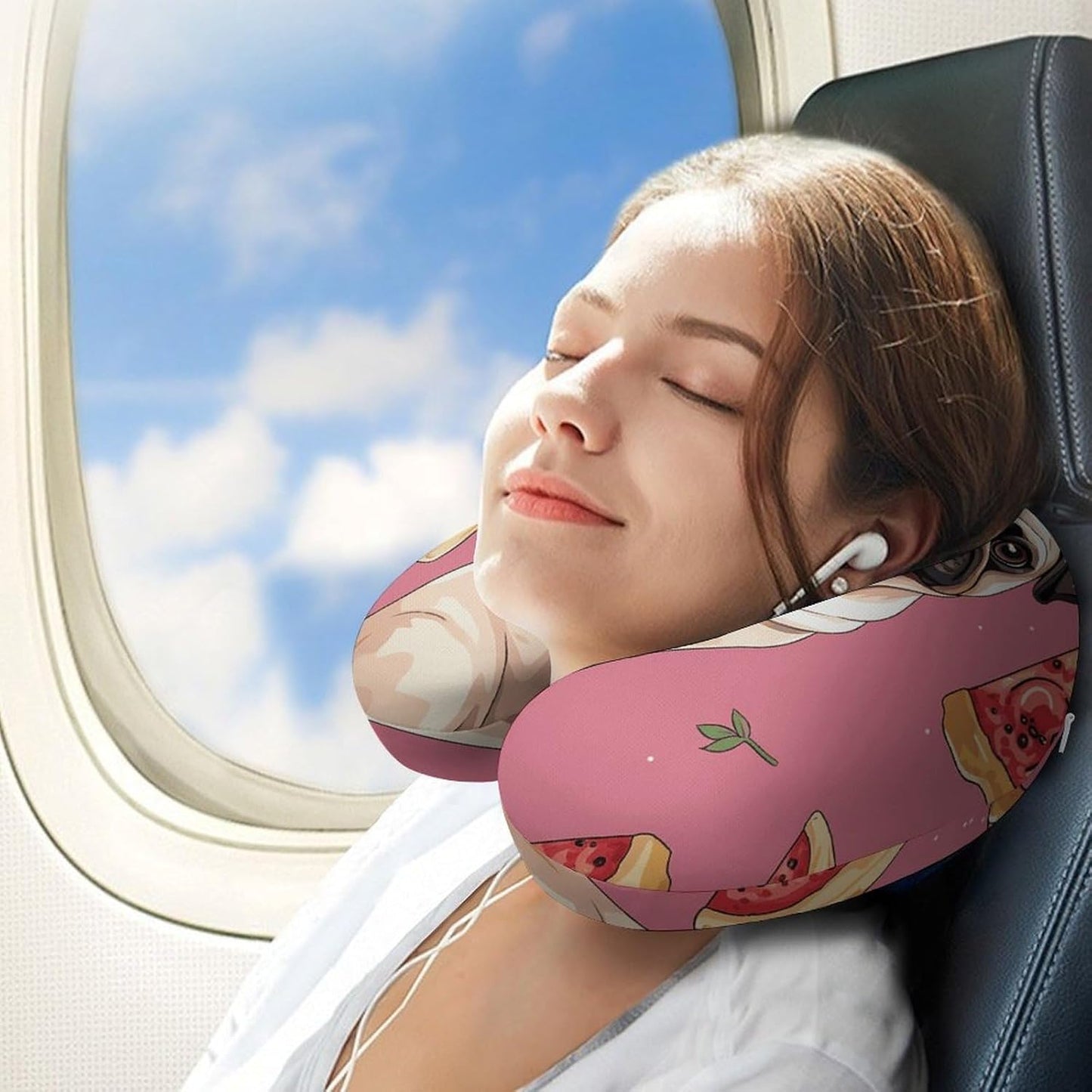 Pug Pizza Pink Neck Pillow Memory Foam U Shaped Pillows Portable Pillows for Shoulder Travel Head Support Pillow with Concealed Zipper for Airplane Car Home Office