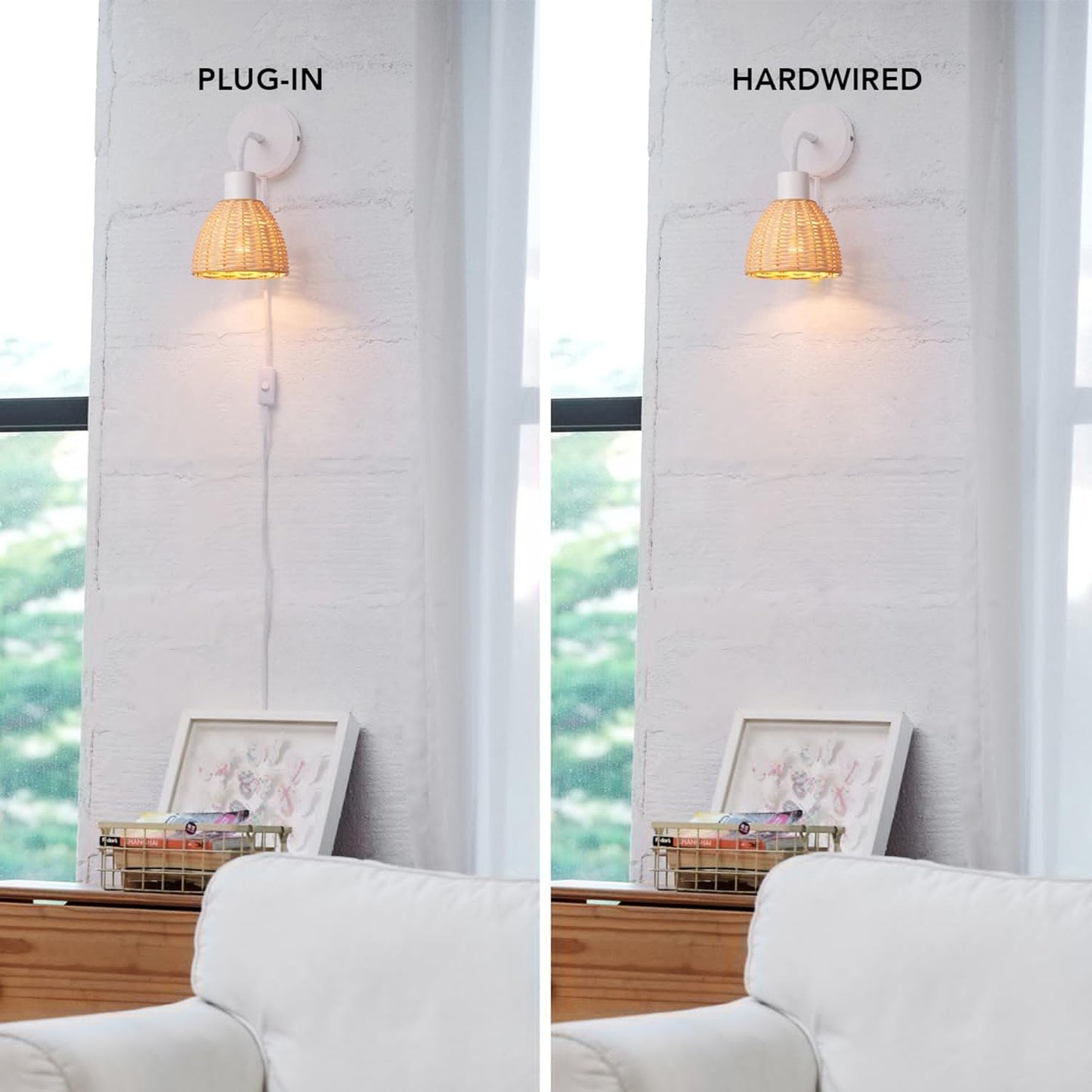 Globe Electric 65928 Briar 1-Light Plug-in or Hardwire Wall Sconce, Matte White, Rattan Shade, 6ft White Braided Fabric Designer Cord, in-Line On/Off Rocker Switch