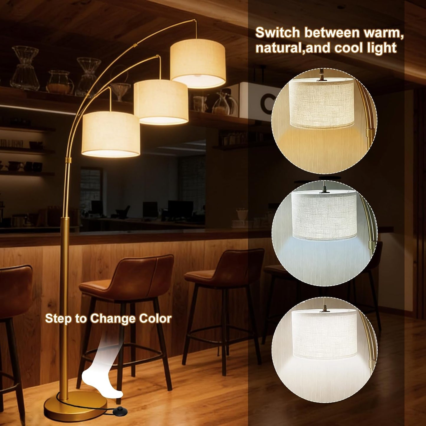 Dimmable Arc Floor Lamp, Gold Pole Standing Lamp with Linen Shade and Heavy Base, Remote Control with Stpeless Color Temperatures and Brightness for Bedroom, Office