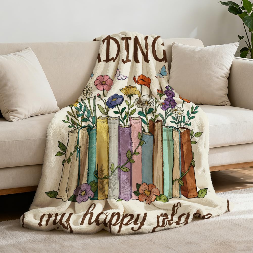 GLOBLELAND Books Flowers Throw 59x51 inch Butterflies Flannel Blanket for Book Lovers Washable Fuzzy Throw Blanket for Couch Chair Sofa Bed Dorm Bedroom Home