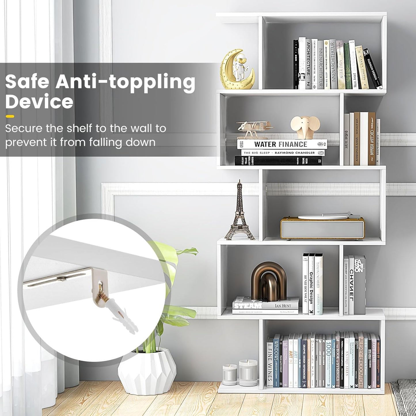 LOKO 5-Tier Bookshelf, S-Shaped Book Case with Anti-Toppling Device, Freestanding Home Organizer Room Divider Display Shelf, Open Storage Rack for Bedroom, Study (1, White)