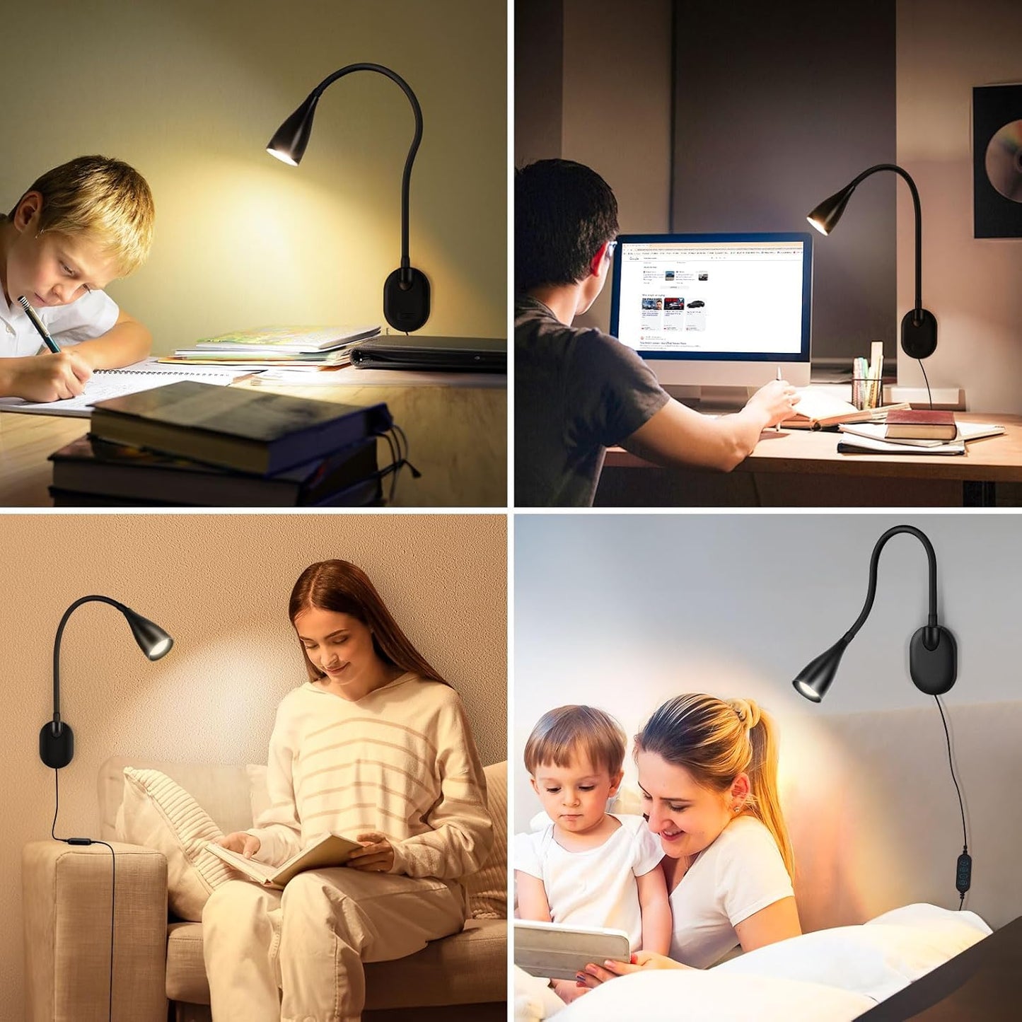 LED Wall Mounted Reading Light, 5 Color Modes 10 Brightness Dimmer, USB Charging Port, Memory & Timer, Adhesive Book Light for Reading in Bed, Eye-Caring Wall Lamps for Bedside Reading Bedroom Black