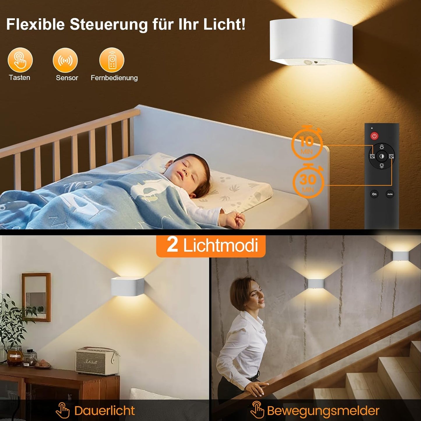 Motion Sensor Wall Light with Remote Control, 3-Color Temperature Adjustable, 5000mAh Battery Wall Lamp, Stepless Dimming, Type-C Charging, 2 Installation Methods for Home & Outdoor Use