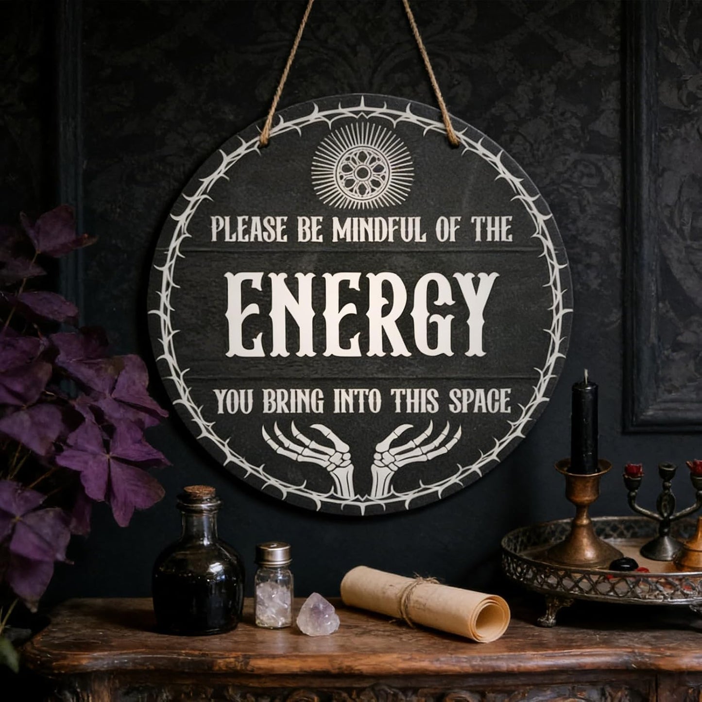 Witch Decor Sign Gothic Positive Energy Decorative Sign Witchy Home Decor with Inspirational Quote, Black And White Aesthetic Wall Art for Gothic Office or Home Decor Wiccan Gifts for Men Women