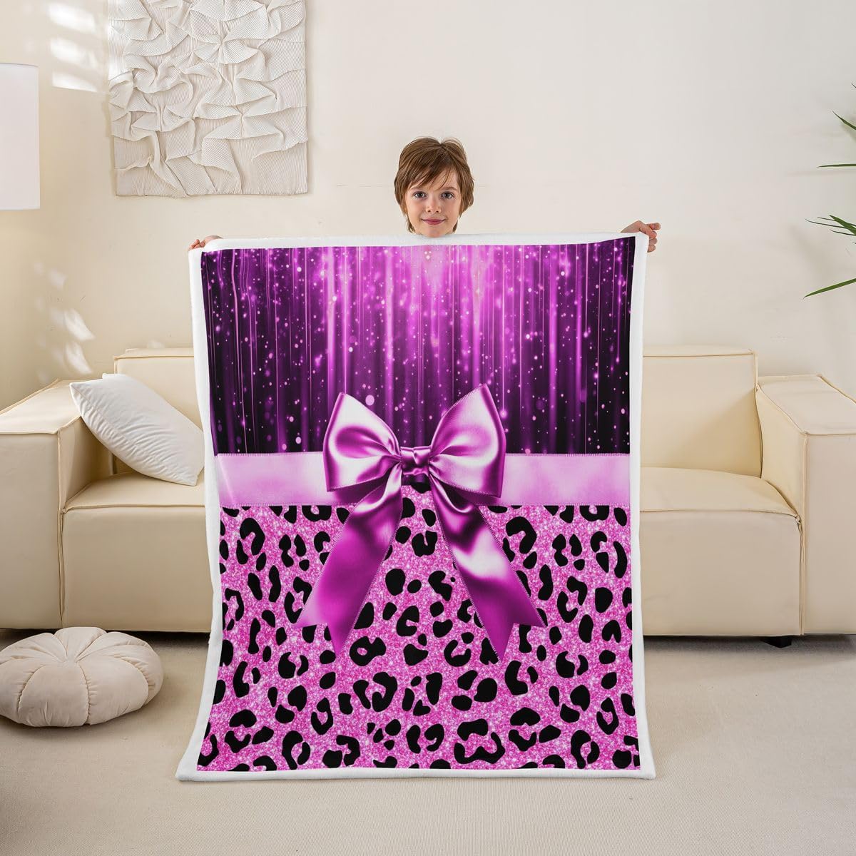 Feelyou Pink Purple Leopard Sherpa Blanket Plush Fuzzy Cute Bow Fleece Throw Blanket Boys Girls Sweet Animal Pattern for Bed Couch Chair Living Room Coquette Aesthetic Bedroom Decor 40"x50"