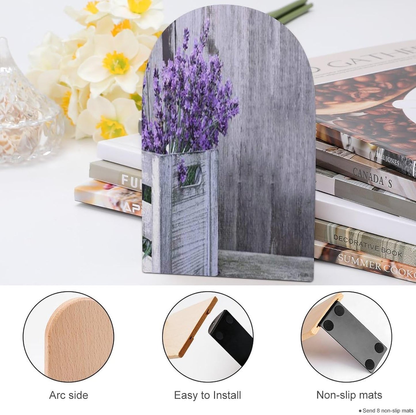 Purple Lavender Flower Wooden Bookend Non-Slip Book Ends Heavy Duty Book Stopper with Metal Base Books Holderd Decorative Bookends Stands Firmly for Office Supplies