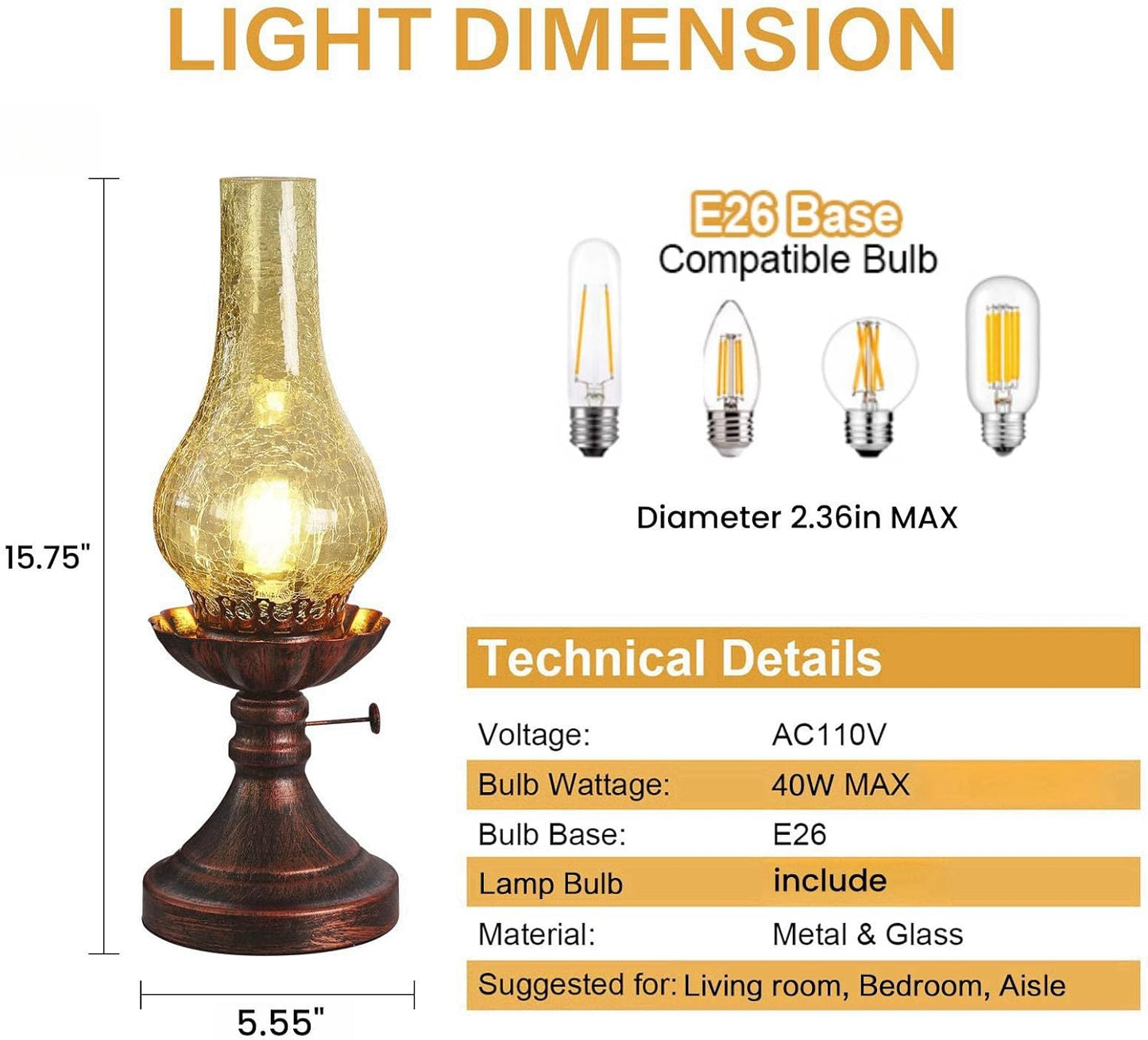Vintage Table lamp Antique Rustic Farmhouse Desk Lamps Western Victorian Crackled Glass Design Bedside Lamps Living Room Bedroom Studio (Amber)
