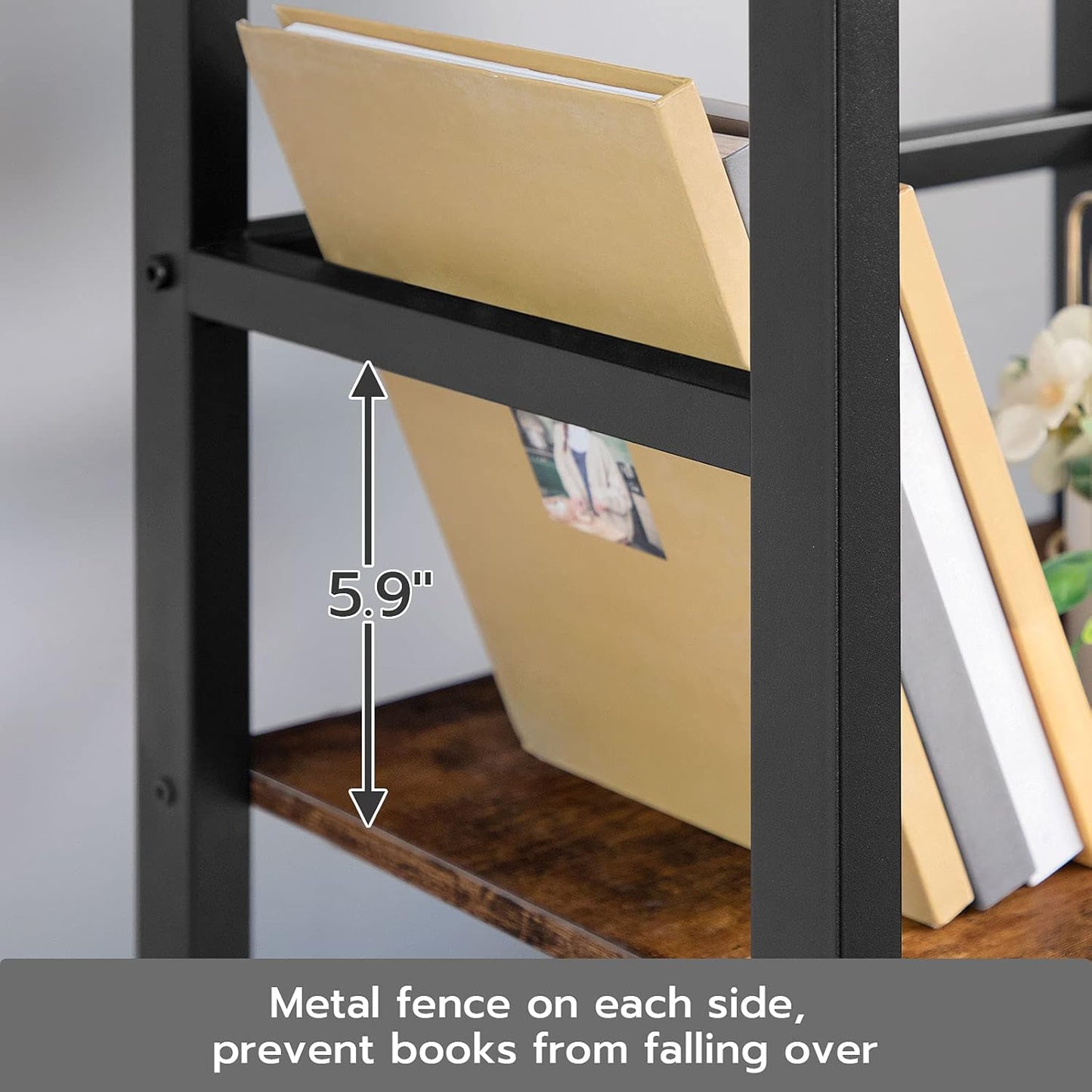 HOOBRO 3 Tier Bookshelf, Small Narrow Bookshelf, Record Storage Rack with Side Fence, Floor-Standing Shelf Units, Narrow Display Shelf for Living Room, Bedroom, Classroom, Rustic Brown BF80CJ01G1