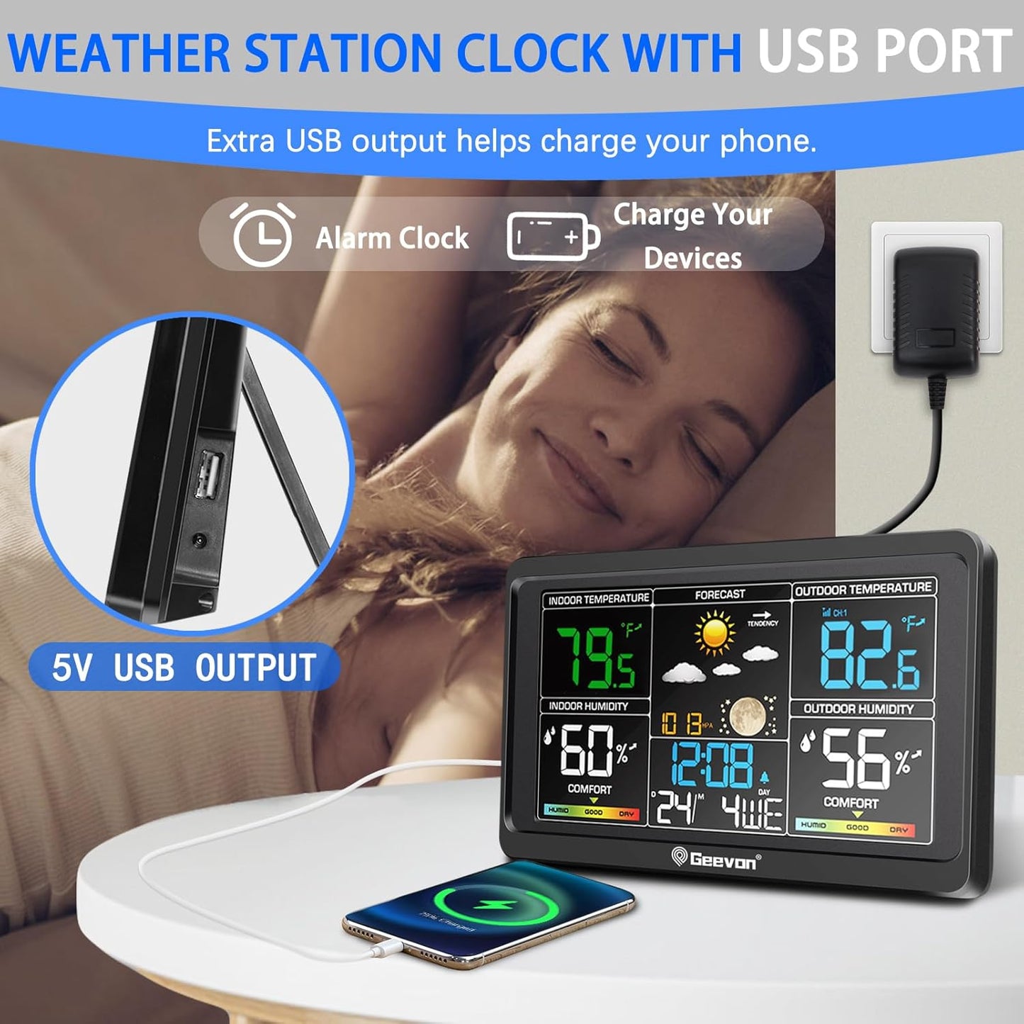 Geevon Weather Stations Wireless Indoor Outdoor Thermometer, Color VA Display Digital Weather Thermometer, Temperature Humidity Monitor with Barometer, Calendar, and Adjustable Backlight