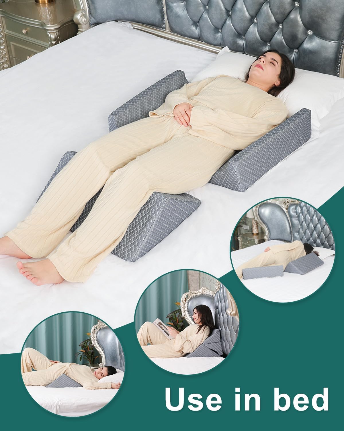 Foam Wedges for Positioning in Bed | 3in1 R-shaped Wedge Pillow |for Seniors,Adult,Long Term Bedridden Patient,Back Pain Relief,Reduce Snoring,Post Surgery Recovery,Cover Removable,Blue-grey