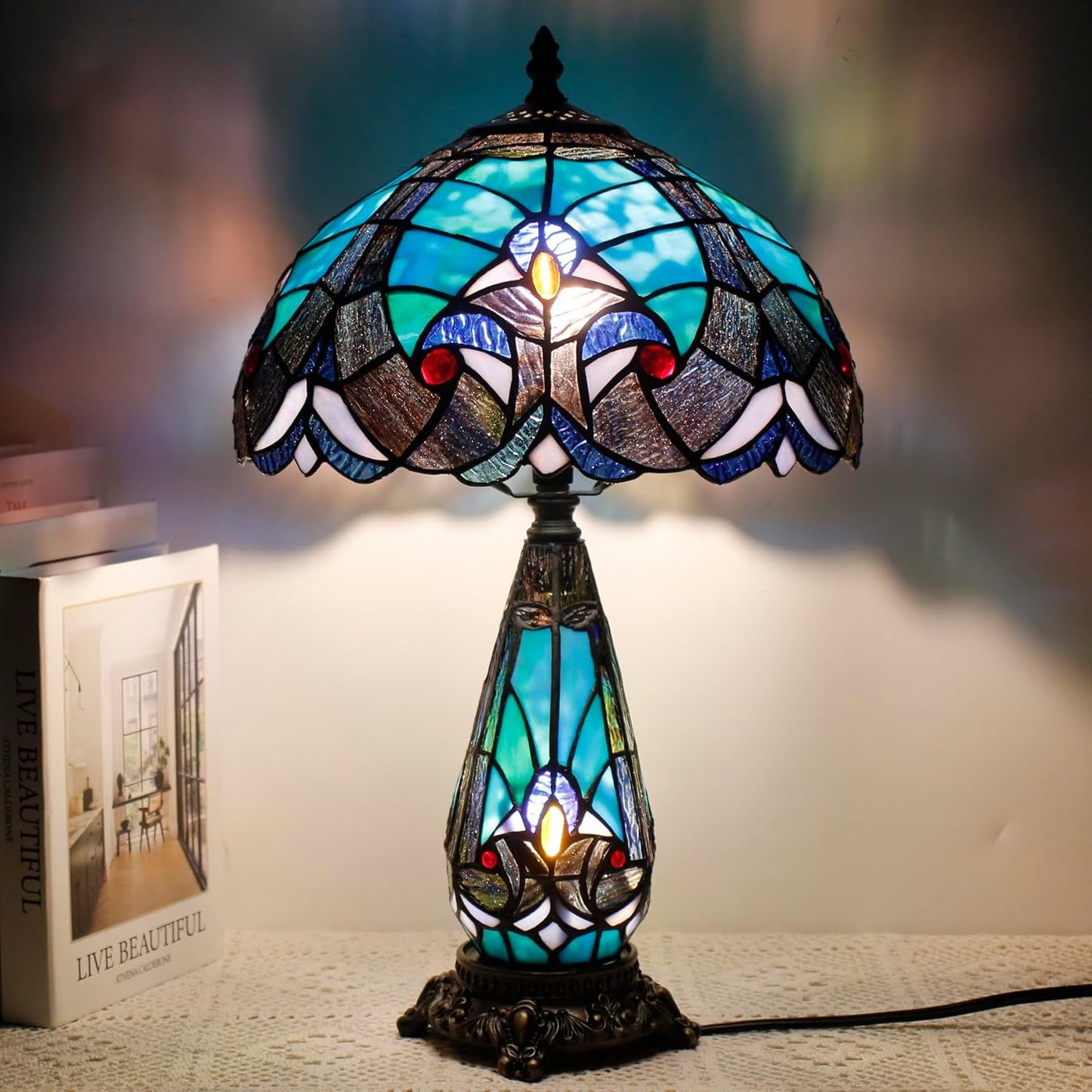 Tiffany Lamp Stained Glass Table Lamp 12X19 Inches Mother Daughter Vase Desk Accent Night Light for Bedroom Bedside Reading Home Antique Style (Green Liaison)
