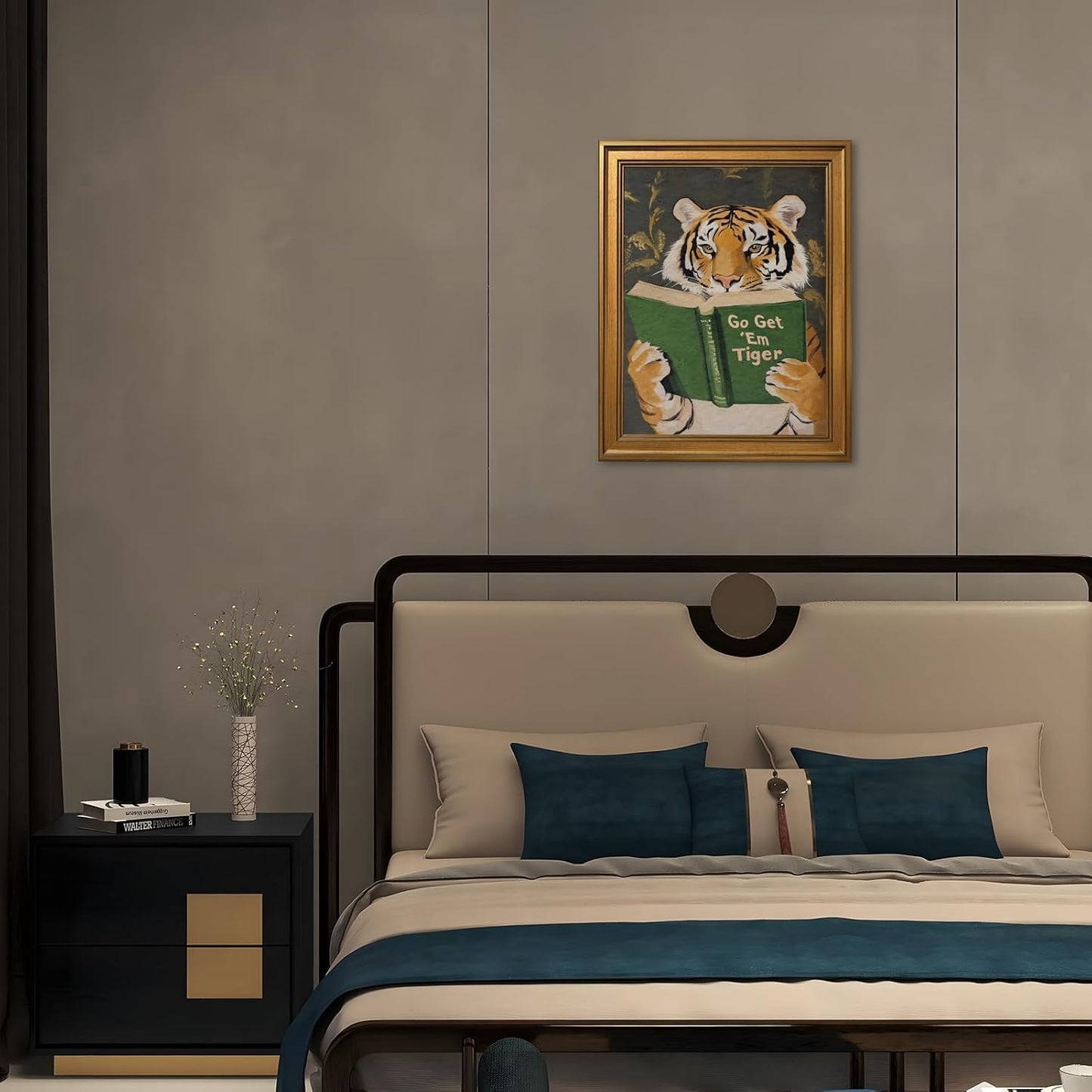Large Gold Framed Reading Tiger Canvas Wall Art Go Get Em Wild Animal Painting Poser Prints Funny Booklish Jungle Inspired Surreal Picture Humor Big Cat Artwork for Rustic Room Decor 24x36inch
