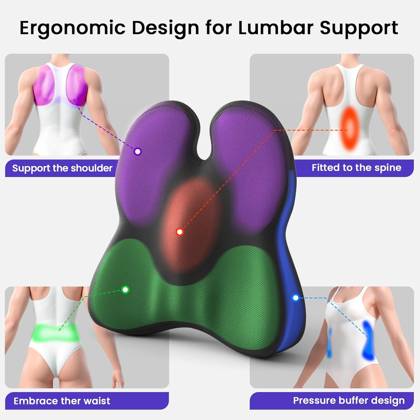 Lumbar Support Pillow for Office Chair - Memory Foam Office Chair Back Support - Ergonomic Lumbar & Back Support Pillow with Strap, Machine Washable Cover (Black)