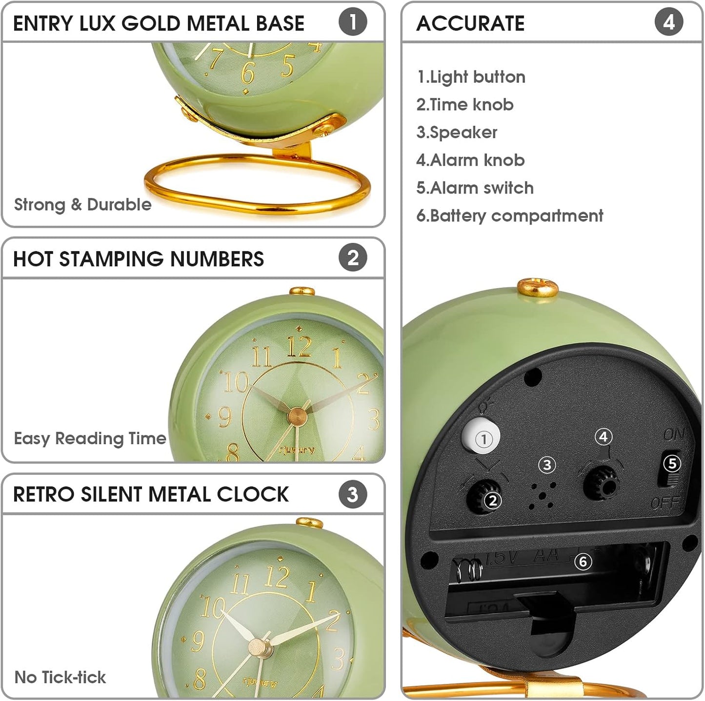 Metal Desk Clock, Retro Bedroom Table Vintage Analog Alarm Clock, Silent Non-Ticking Gold Clock, Bedside Décor(Olive-Green)