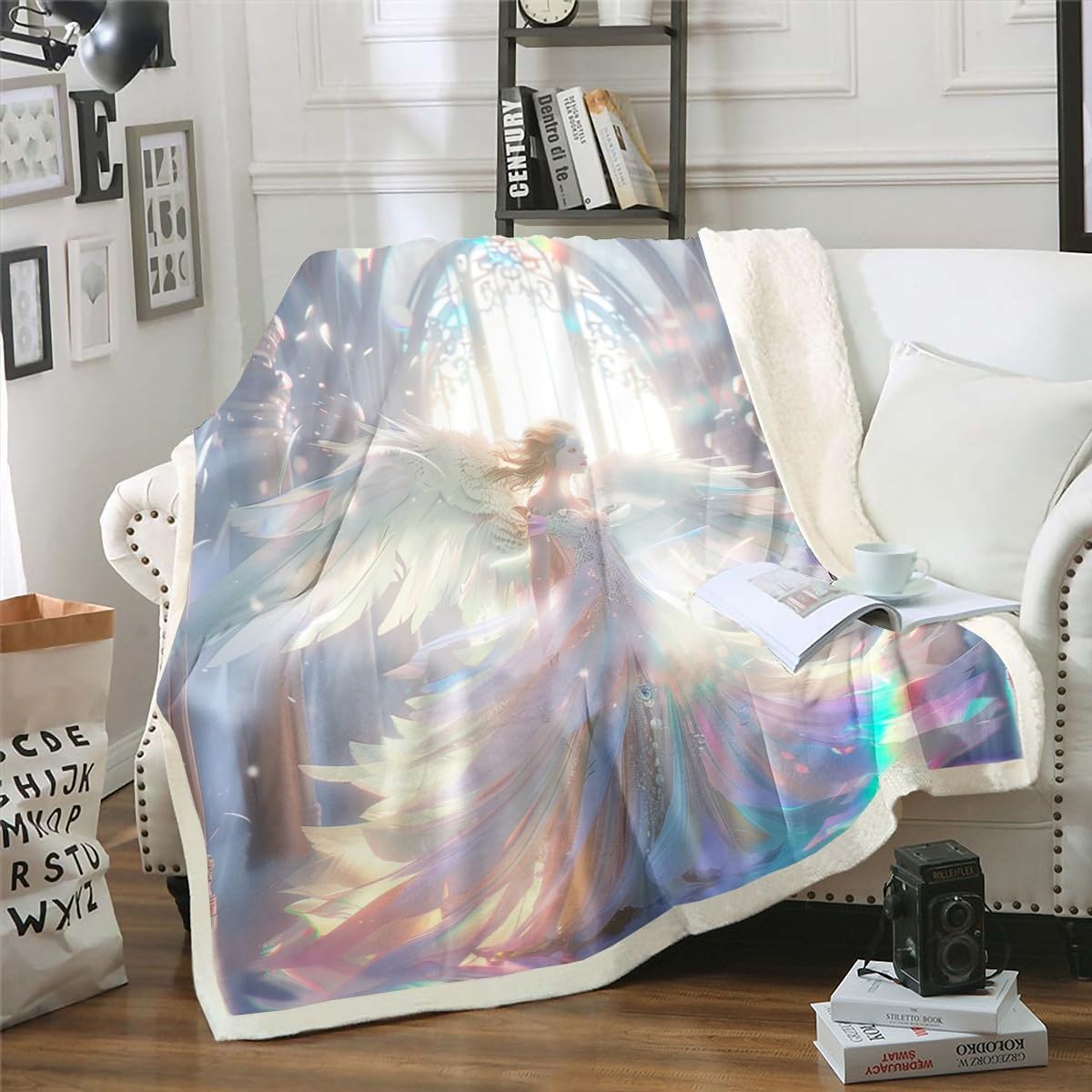 Erosebridal Girls Angel Blanket,Angel Wings Throw Blanket 40x50,Palace Fleece Blanket for Bed,3D Printed Rainbow Sherpa Blanket,Luxury White