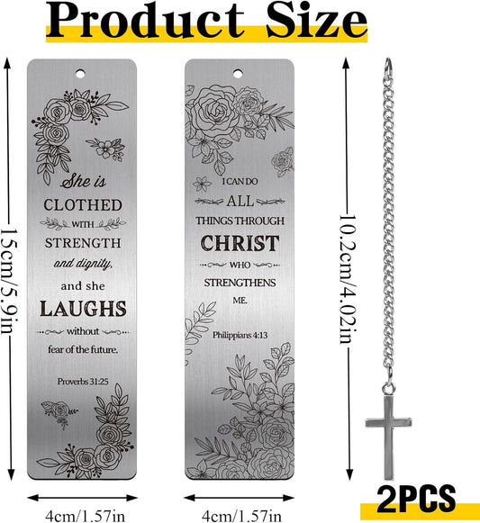 Christian Metal Bookmarks Gifts - 2 Pcs Bible Verse Inspirational Book Marks for Women Religious Cross Plant Unique Page Markers Reading Birthday Student Teacher School Office Accessories
