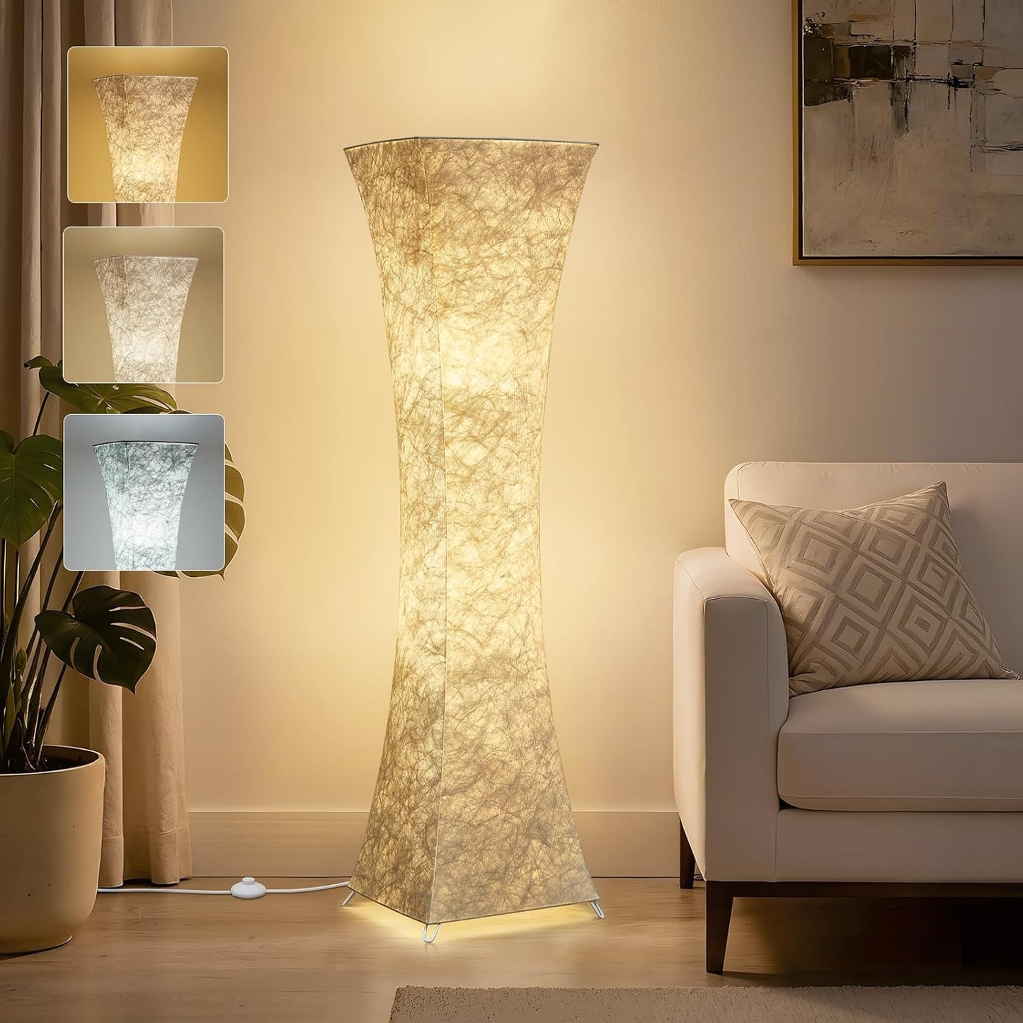 GyroVu Floor Lamp for Living Room, 47“ Adjustable Color Temperature Standing Corner Floor Lamps, Modern Column Floor Light with White Fabric Shade for Bedroom, Home Office, Kids Room, 2 Bulbs Include