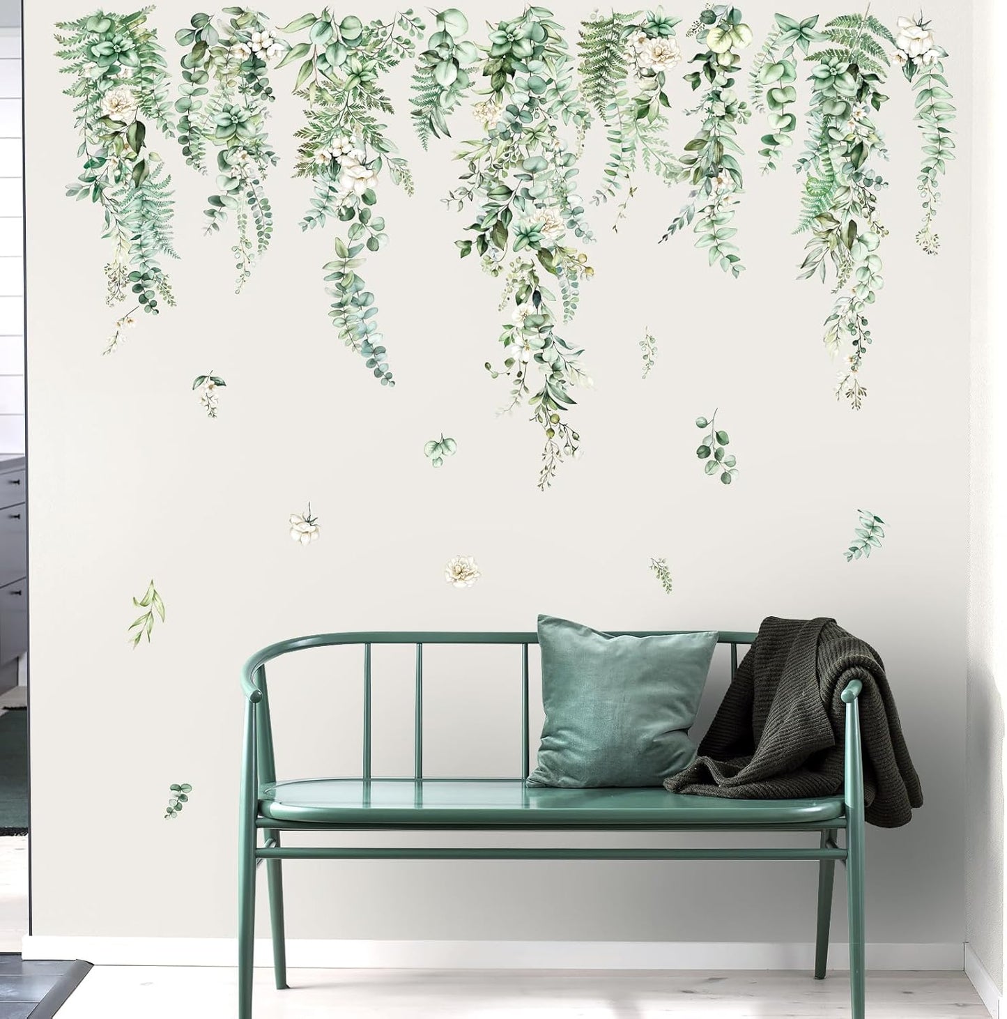decalmile Large Hanging Vines Wall Decals Green Plants Tropical Leaves Flower Wall Stickers Bedroom Living Room Sofa TV Background Wall Decor