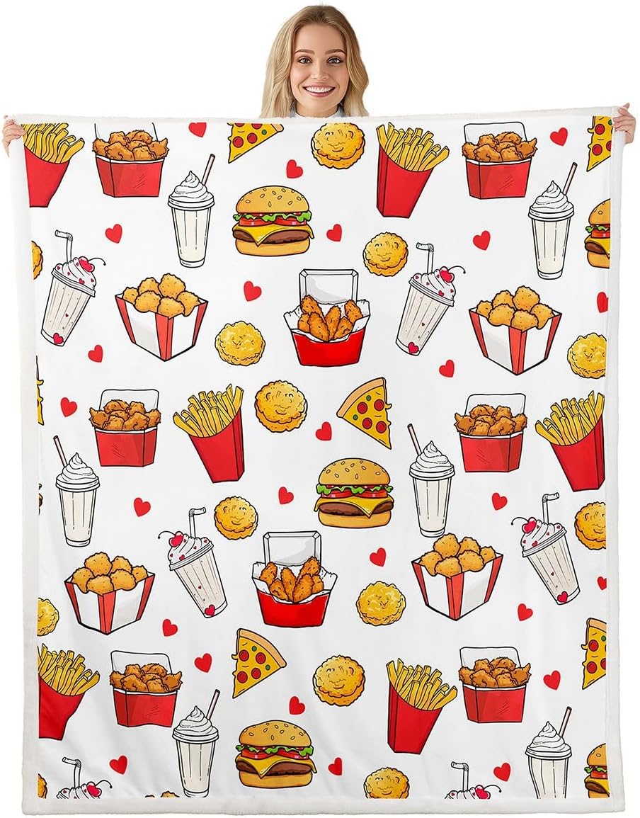 Feelyou Cute Pizza Sherpa Throw Blanket for Couch Chips Hamburger Super Soft Cozy Fleece Chicken Nugget Blanket for Winter, Plush Throw Food Theme Queen 90"x90" All Season