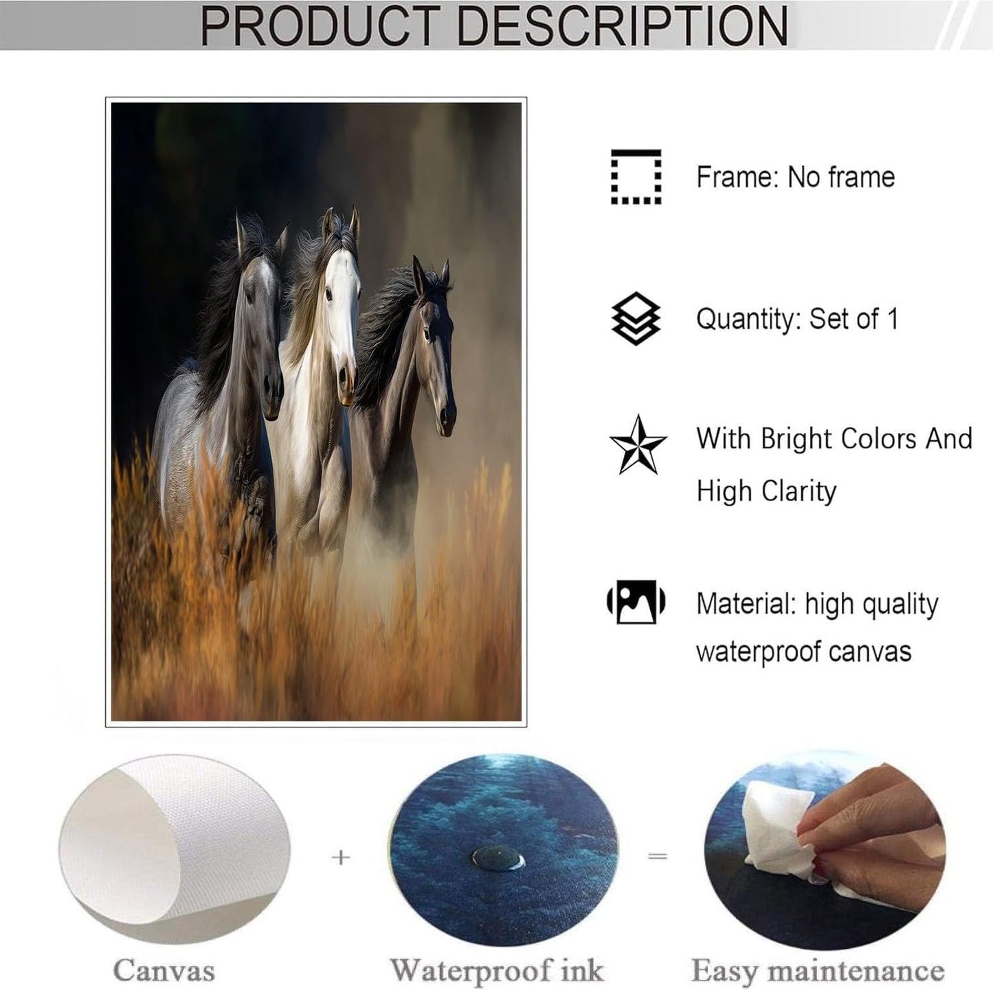 GDJSMIN Grassland Animal Scene Wall Art, Horses Galloping Poster for Reading Room Living Room Decor 12x 16 inch Unframed