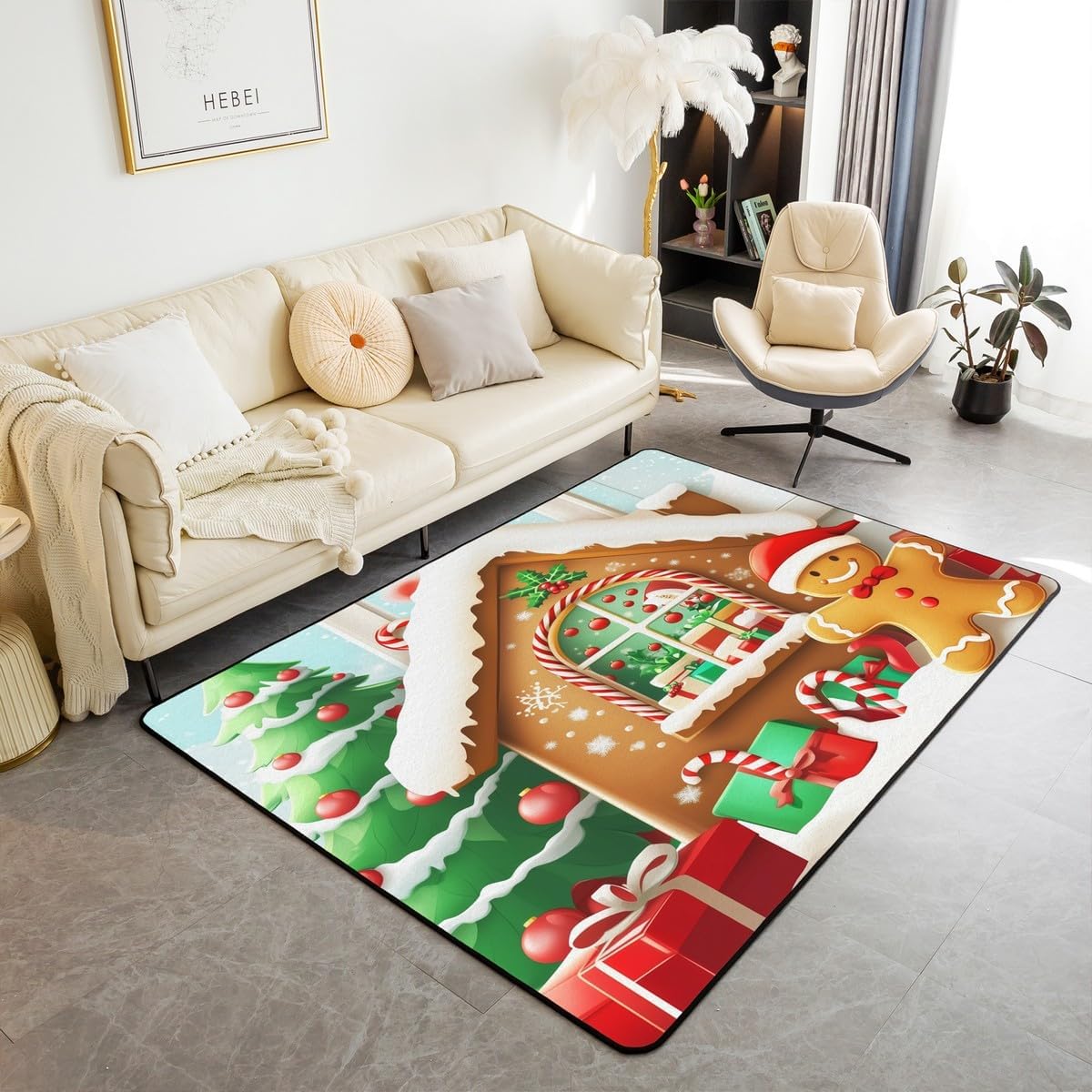 Erosebridal Gingerbread Man Area Rug 4'11" x 3'3" Gingerbread House Living Room Rugs Candy Cane Cute Decorative Carpet Gift Box Holly Berries Indoor Floor Mat