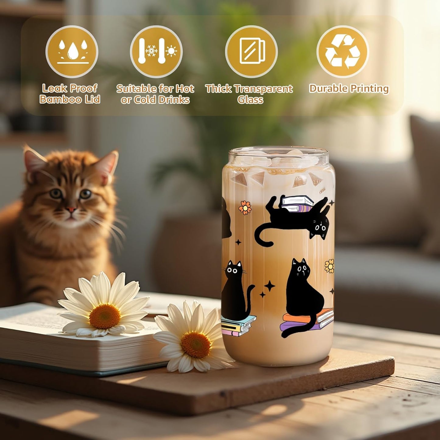 GSPY Black Cat Glass Cup, Funny Gifts for Cat Lovers & Book Lovers, Cute 16 oz Cat Themed Iced Coffee Cups - Bookish, Reader Tumbler Mug - Mothers Day, Birthday, Book, Reading Gifts for Women, Men