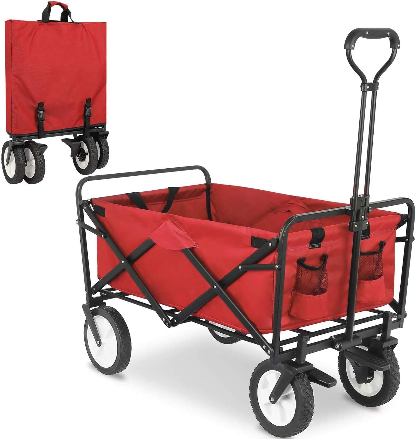 Collapsible Folding Outdoor Utility Wagon, Heavy Duty Garden Cart with Wheel Brakes and 2 Cup Holders, for Shopping,Picnic (Green) (Red)