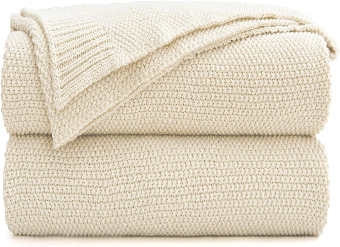 Longhui bedding Cotton Cable Knit Throw Blanket for Couch Sofa Bed, Home Decorative, Lightweight Woven Blankets with Bonus Laundering Bag, 50“ x 60”, Beige