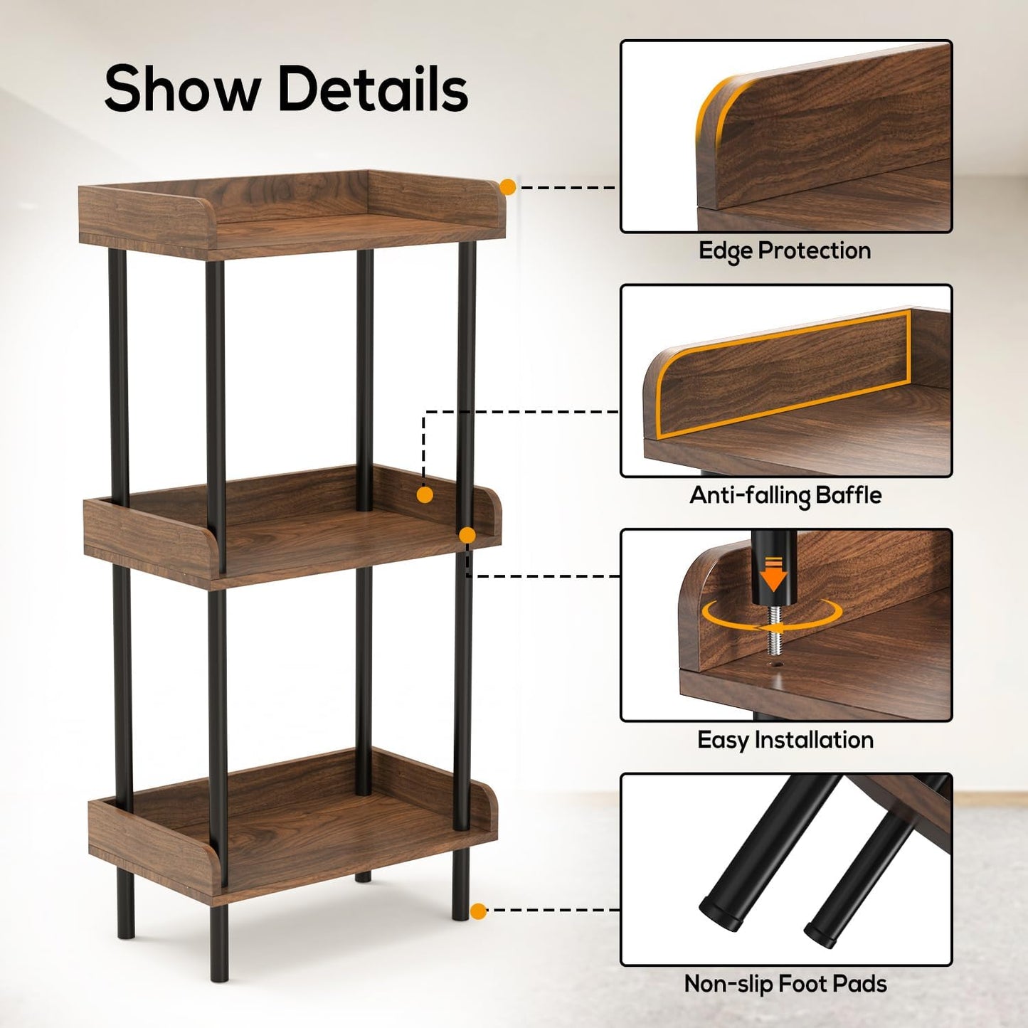 Bookshelf, 3 Tier Bookcase, Industrial Small Book Shelf, Rustic Brown Bookshelf, Metal Display Shelf Storage Organizer for Living Room, Bedroom& Home Office