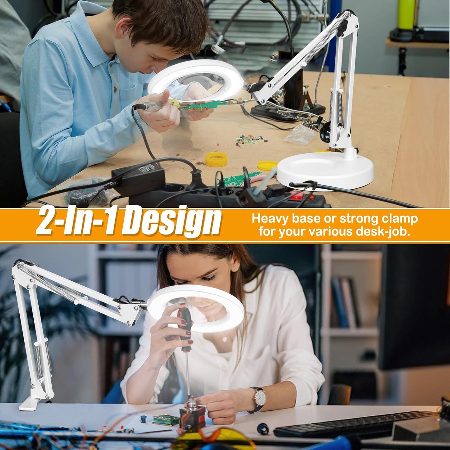 12X Magnifying Glass with Light and Stand (No Acrylic Lens), 2-in-1 Lighted Magnifier with Clamp 5 Color Modes Dimmable LED Desk Lamp Hands Free for Painting Craft Sewing Hobby Close Work White