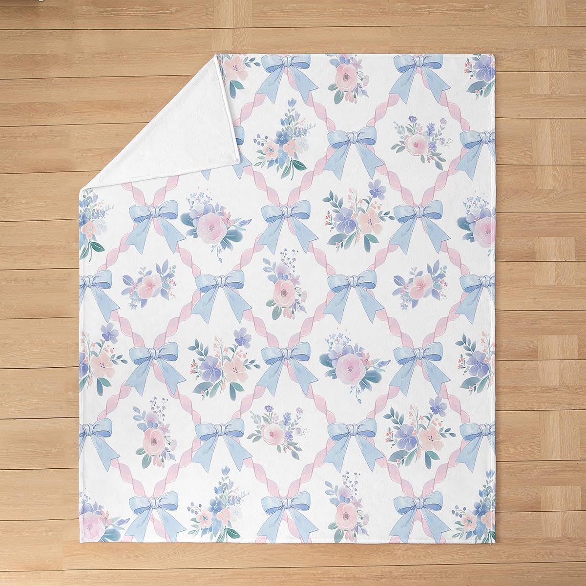 Cute Ribbon Bow Fleece Blanket Kawaii Girly Princess Bowknot Bed Blanket for Girls Kids Rustic Floral Fuzzy Throw Blankets Room Decor Pink Blue White Super Soft Flannel Blankets,40"x50"
