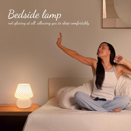 ONEWISH Mushroom Lamp-Small Bedside Table Lamp with Striped Glass, Nightstand Lamp for Bedroom, Living Room, 3000K E26 Bulb Included(White)