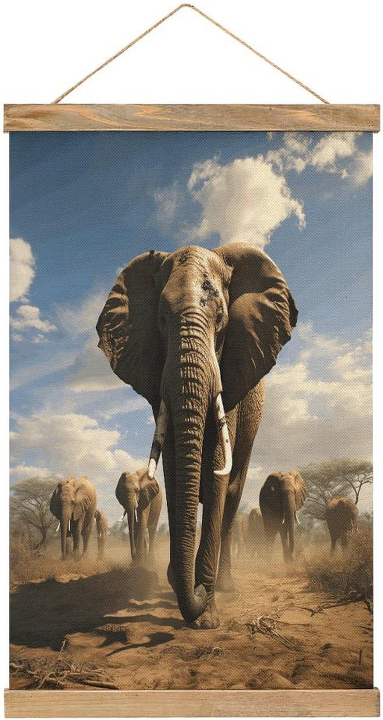 Vintage Ferocious Elephant Poster with Wooden Frame Personalized Linen Hanging Scroll Painting Rustic Wall Hanging Illustrative Modern Artwork Decor for Home Living Room Bedroom Office