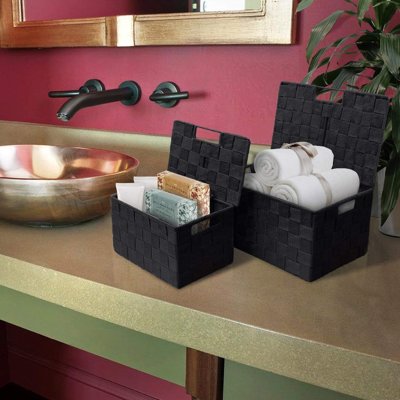 Sorbus Set of 3 Black Woven Storage Baskets with Lids – Mesh Hand-Woven Bins for Closet, Shelf, and Linen Organization – Variety Pack