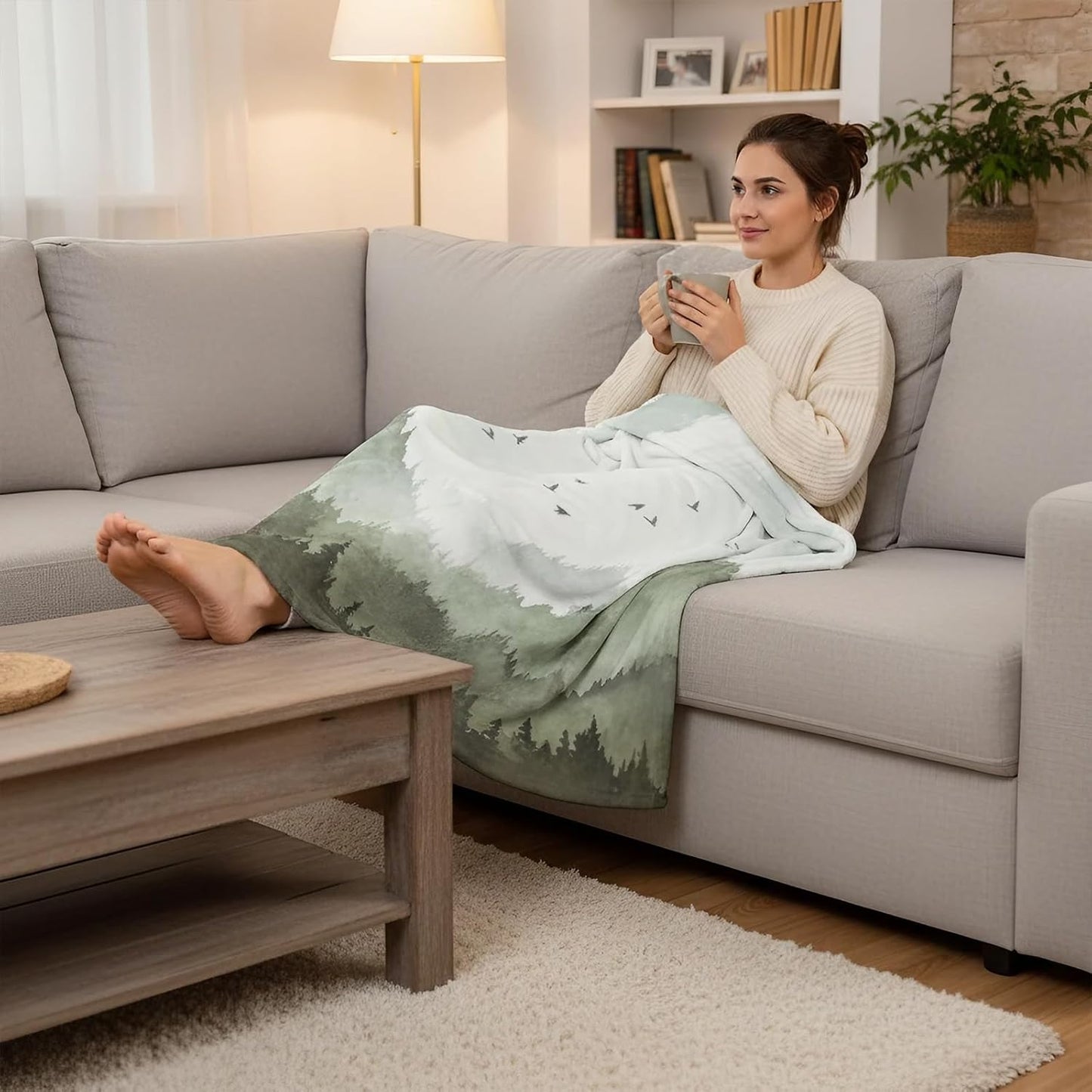 Neasow Watercolor Mountain Forest Fleece Throw Blanket, Nature Misty Foggy Sage Green Tree Landscape Art Nap Blankets Gift Sofa Bed Couch Chair or Dorm Throws 50×60 inches