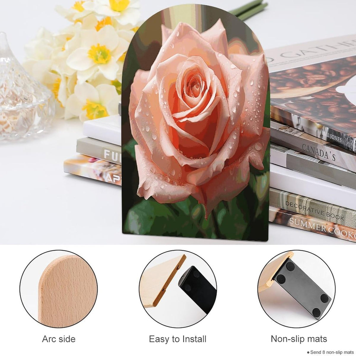 Rose Flower Pink Wooden Bookend Non-Slip Book Ends Heavy Duty Book Stopper with Metal Base Books Holderd Decorative Bookends Stands Firmly for Office Supplies