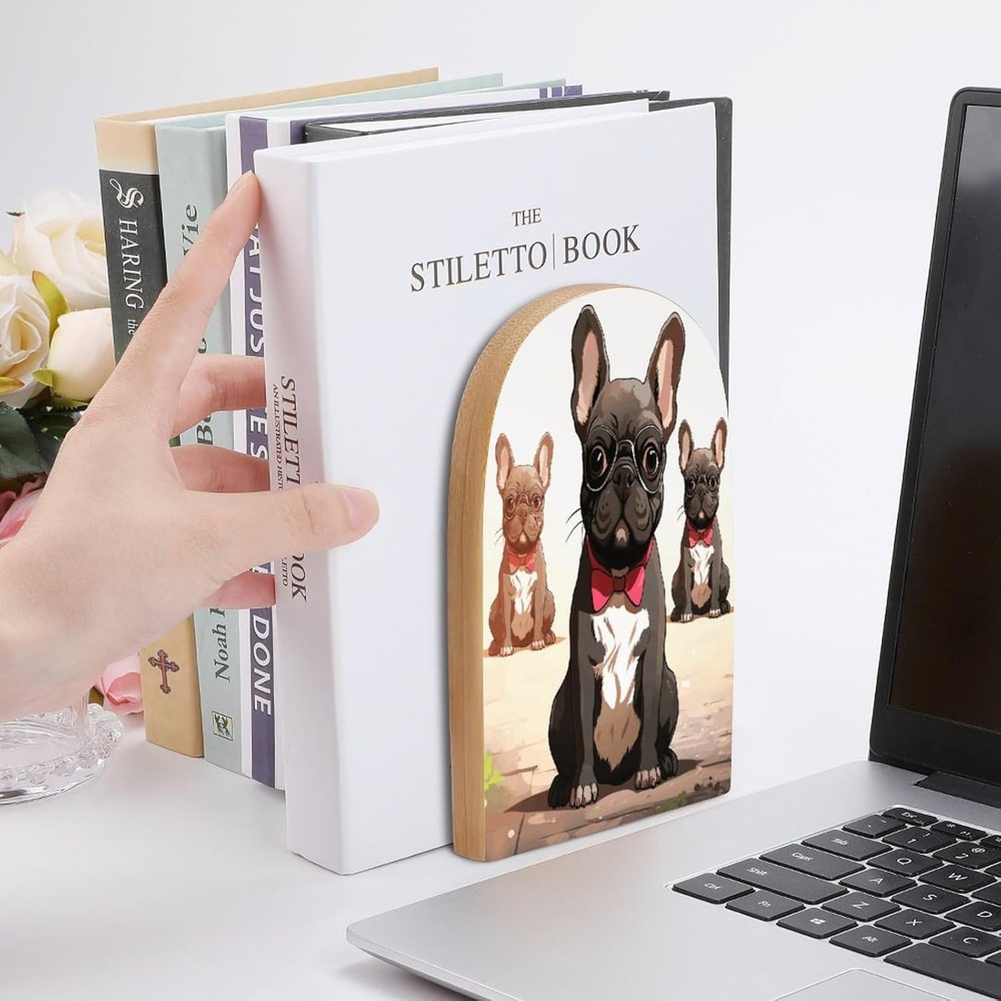 Cartoon Dog French Bulldog Bookend for Shelves Wooden Book End Large Size Sturdy Book Holders Stoppers with Metal Base for Bookshelves Slick Decorative Bookends Stands